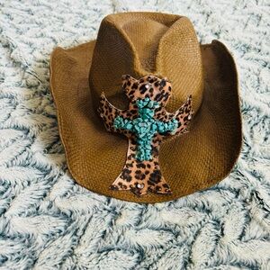 Peter Grimm Tan Cowboy Hat with Leopard and Turquoise Cross